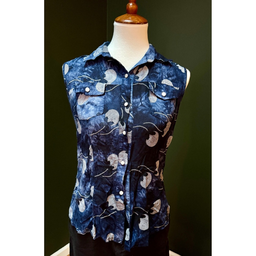 RENJO Medium Top Blue Tie Dye Sleeveless Button Up Top Women's Size M